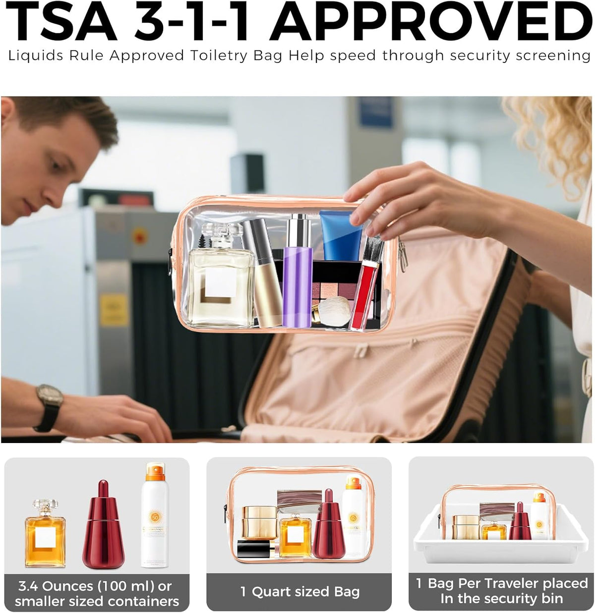 Clear Makeup Bag,Portable Travel Toiletry Bags with Zipper, TSA Approved Clear Organizer Bags, PVC Cosmetic Pouch for Airport Airline Compliant