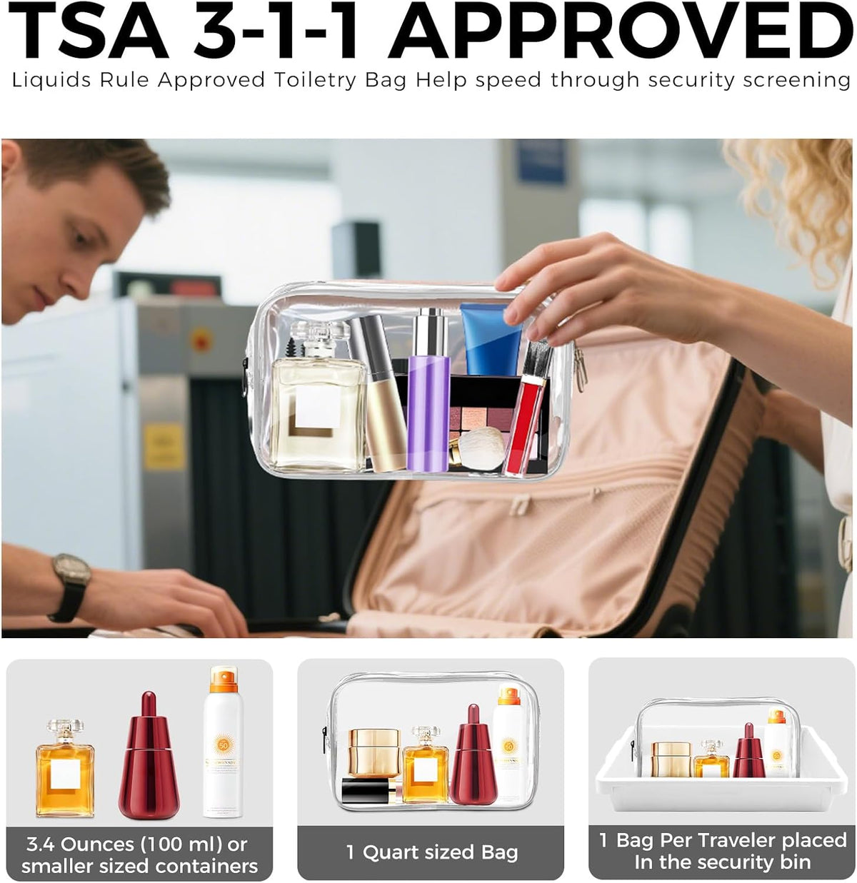 Clear Makeup Bag,Portable Travel Toiletry Bags with Zipper, TSA Approved Clear Organizer Bags, PVC Cosmetic Pouch for Airport Airline Compliant