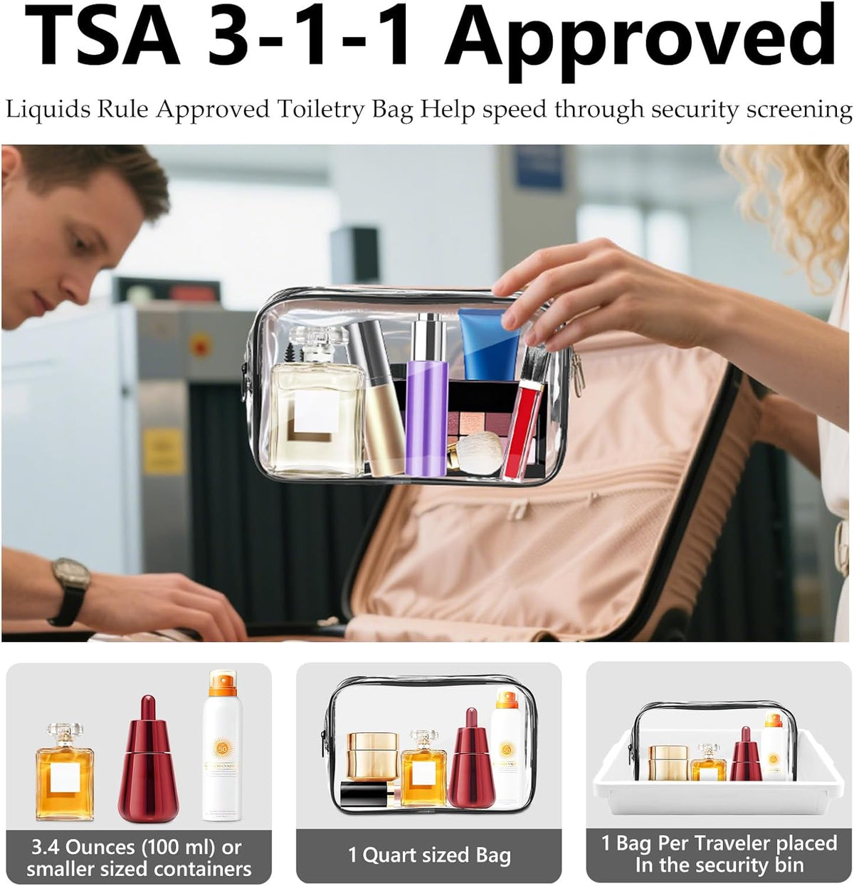 Clear Makeup Bag,Portable Travel Toiletry Bags with Zipper, TSA Approved Clear Organizer Bags, PVC Cosmetic Pouch for Airport Airline Compliant