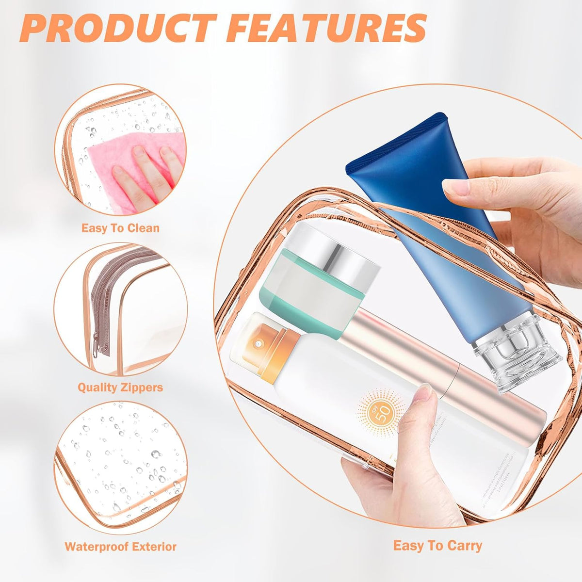 Clear Makeup Bag,Portable Travel Toiletry Bags with Zipper, TSA Approved Clear Organizer Bags, PVC Cosmetic Pouch for Airport Airline Compliant