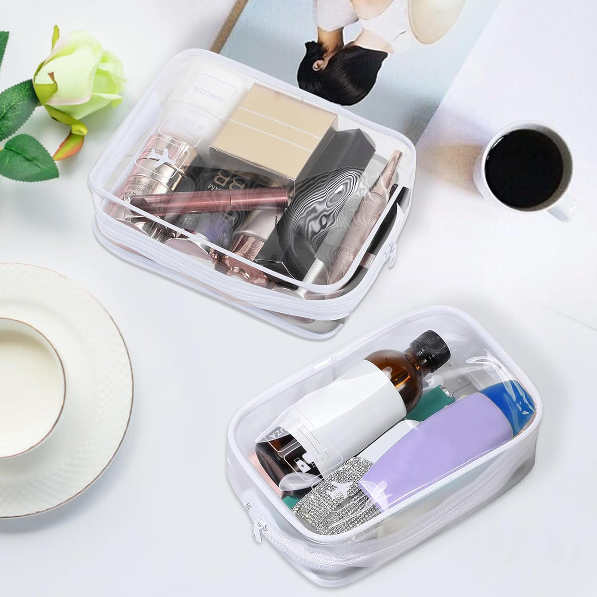 Clear Makeup Bag,Portable Travel Toiletry Bags with Zipper, TSA Approved Clear Organizer Bags, PVC Cosmetic Pouch for Airport Airline Compliant