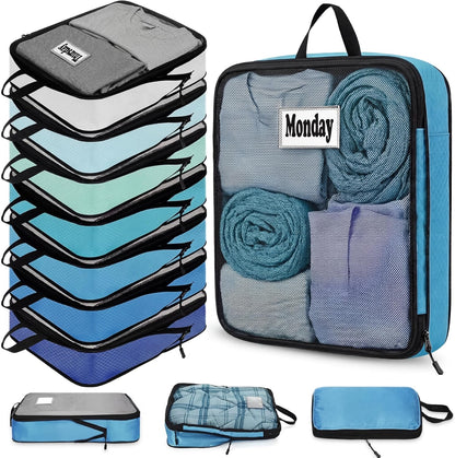 7 Pcs Packing Cubes for Travel Days of Week Compression Packing Cube with Labels Luggage Organizers Storage Bag (Blue,Middle)