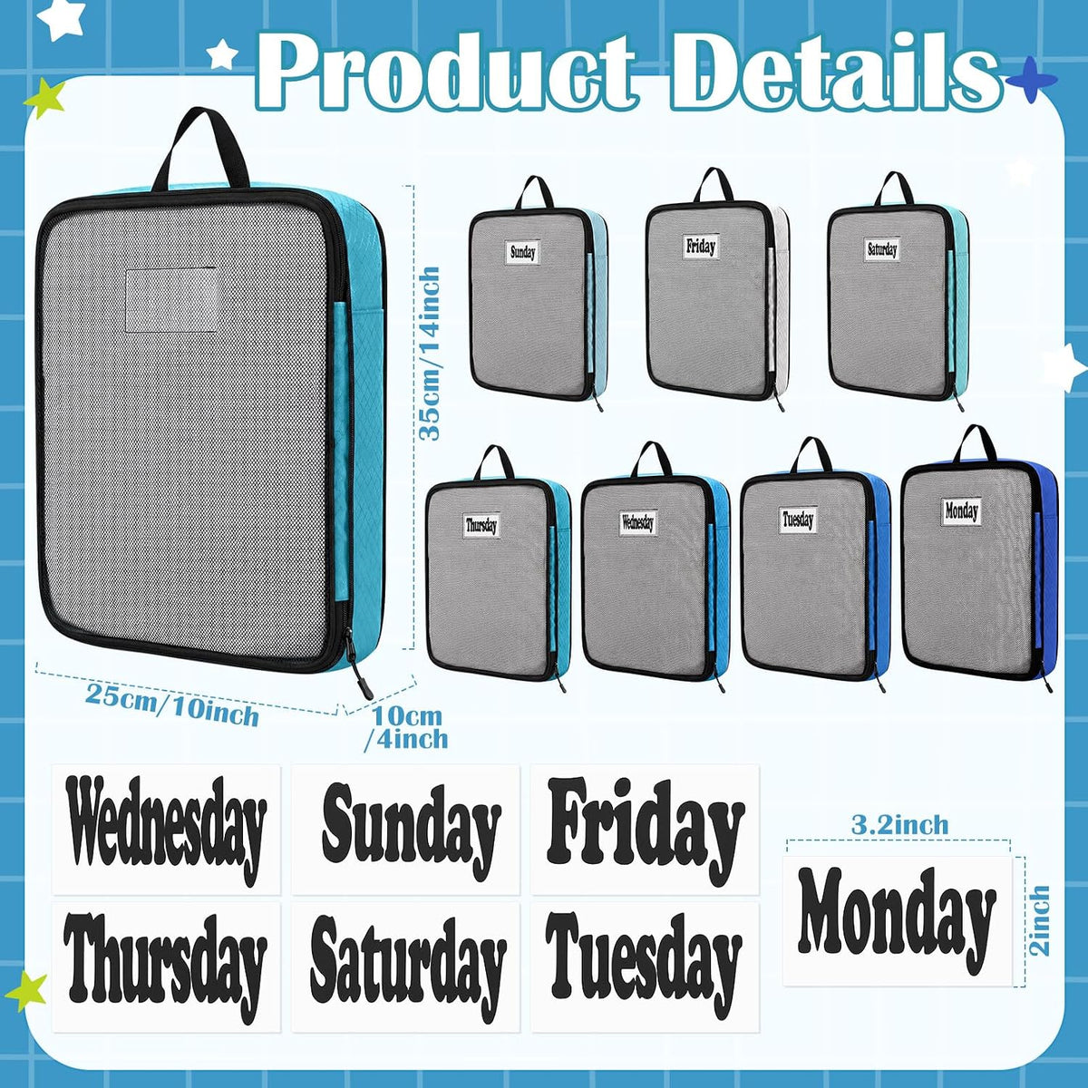 7 Pcs Packing Cubes for Travel Days of Week Compression Packing Cube with Labels Luggage Organizers Storage Bag (Blue,Middle)