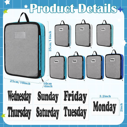 7 Pcs Packing Cubes for Travel Days of Week Compression Packing Cube with Labels Luggage Organizers Storage Bag (Blue,Middle)
