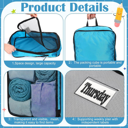 7 Pcs Packing Cubes for Travel Days of Week Compression Packing Cube with Labels Luggage Organizers Storage Bag (Blue,Middle)