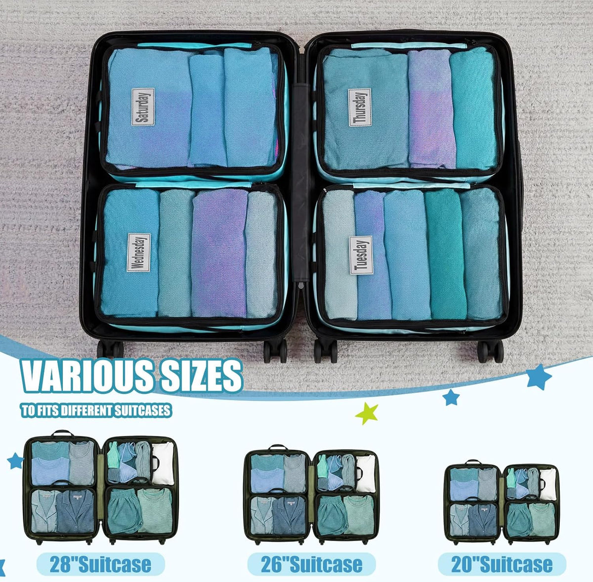 7 Pcs Packing Cubes for Travel Days of Week Compression Packing Cube with Labels Luggage Organizers Storage Bag (Blue,Middle)