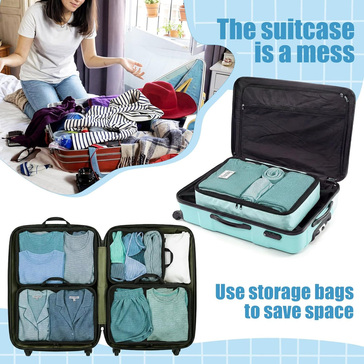 7 Pcs Packing Cubes for Travel Days of Week Compression Packing Cube with Labels Luggage Organizers Storage Bag (Blue,Middle)