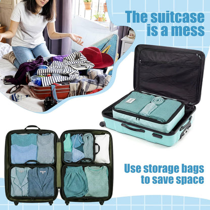 7 Pcs Packing Cubes for Travel Days of Week Compression Packing Cube with Labels Luggage Organizers Storage Bag (Blue,Middle)