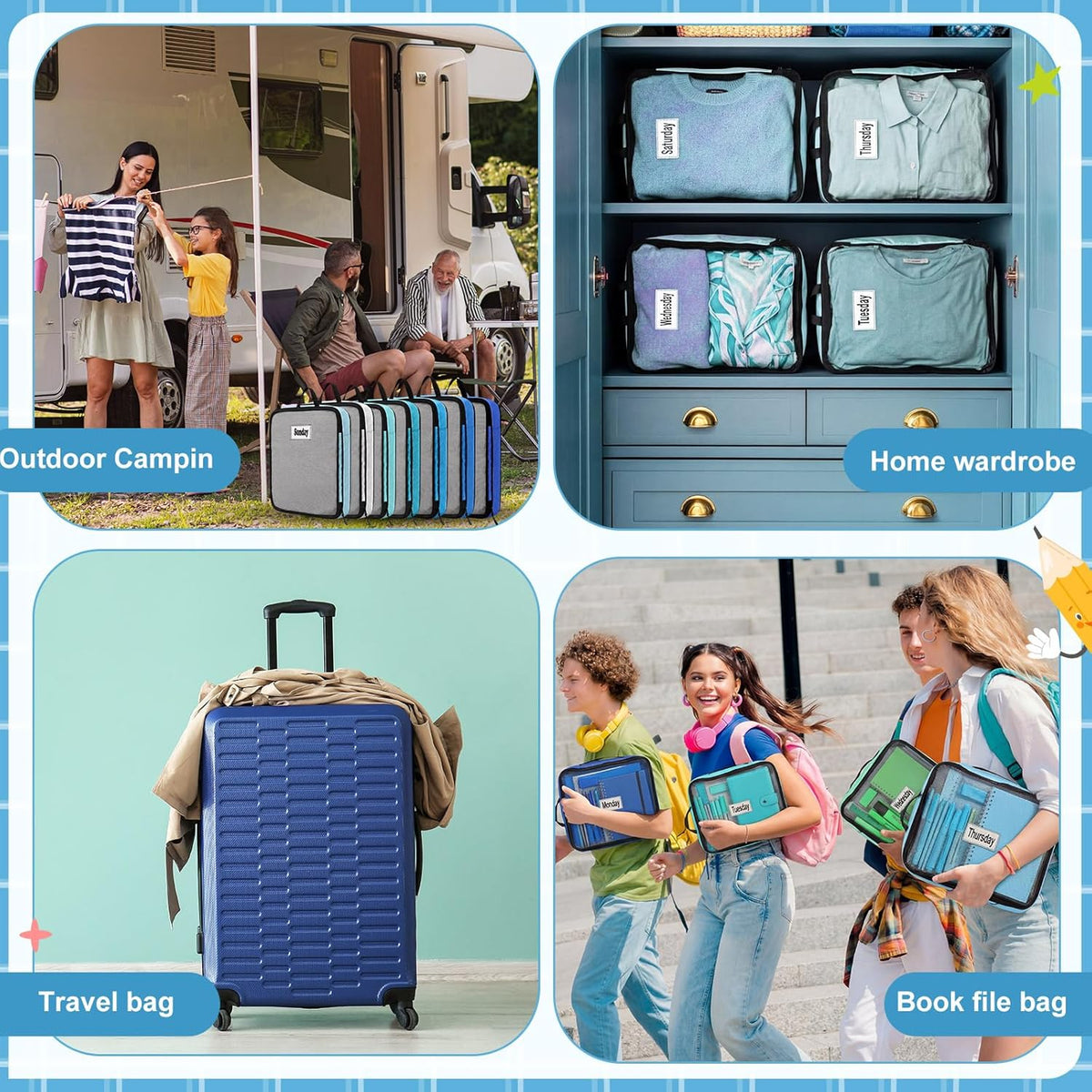 7 Pcs Packing Cubes for Travel Days of Week Compression Packing Cube with Labels Luggage Organizers Storage Bag (Blue,Middle)