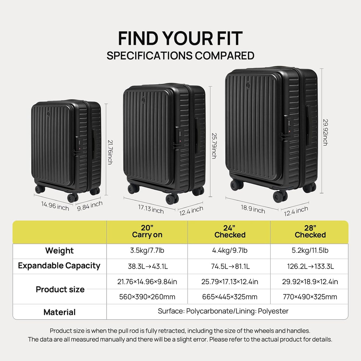 Carry On Luggage 22x14x9 Airline Approved, Top Opening Luggage 20 Inch Suitcase, Expandable, PC Hard Shell, Larger Capacity Carryon, TSA Lock, 360° Spinner Wheels (Black, HBP)