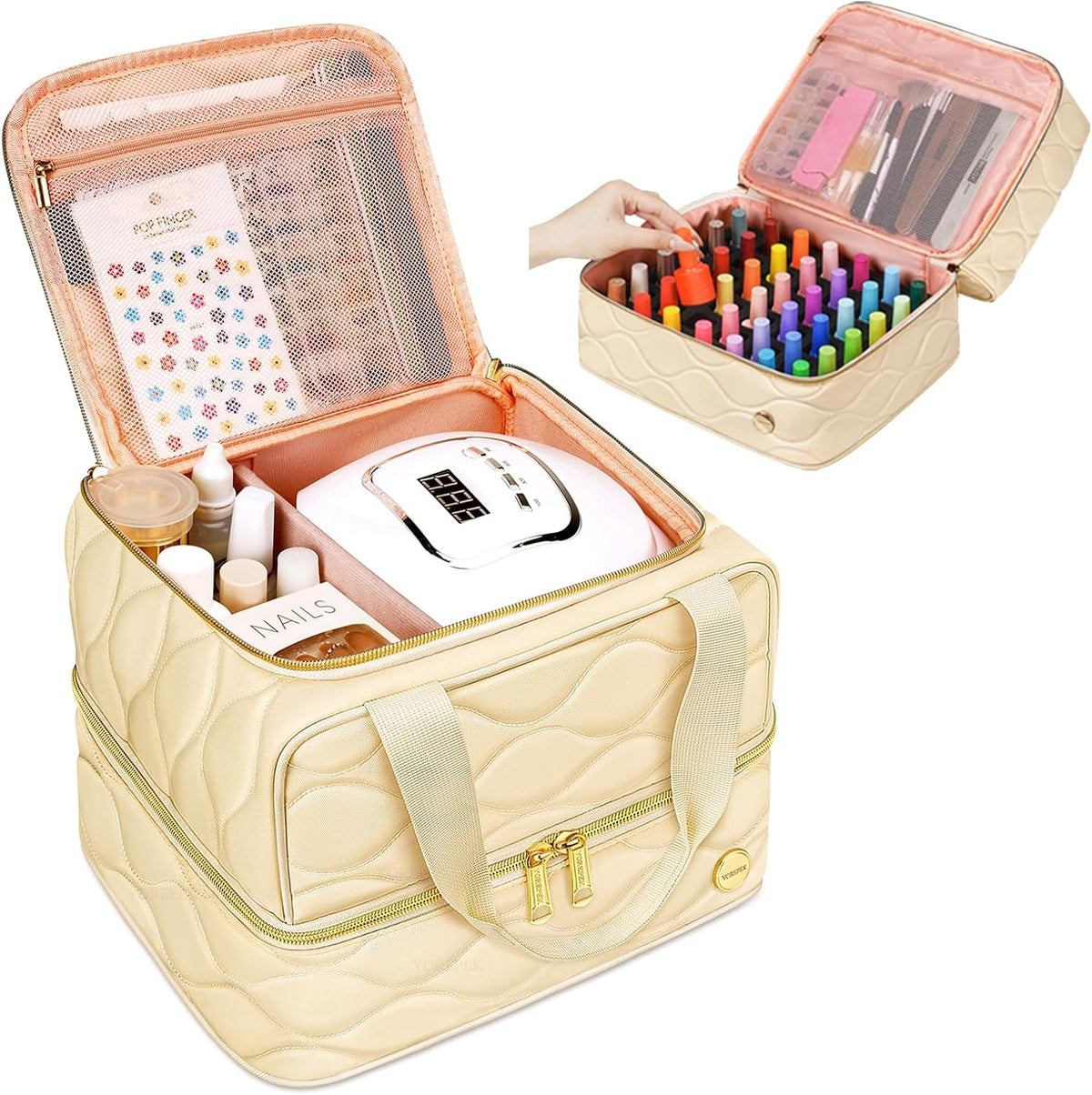Nail Polish Organizer Case Holds 56+ Bottles (15ml/0.5 fl.oz), 2-Layer Nail Bag Organizer Case for UV Lamp, Nail Supplies and Manicure Tools, Nail Gifts for Manicurist Black
