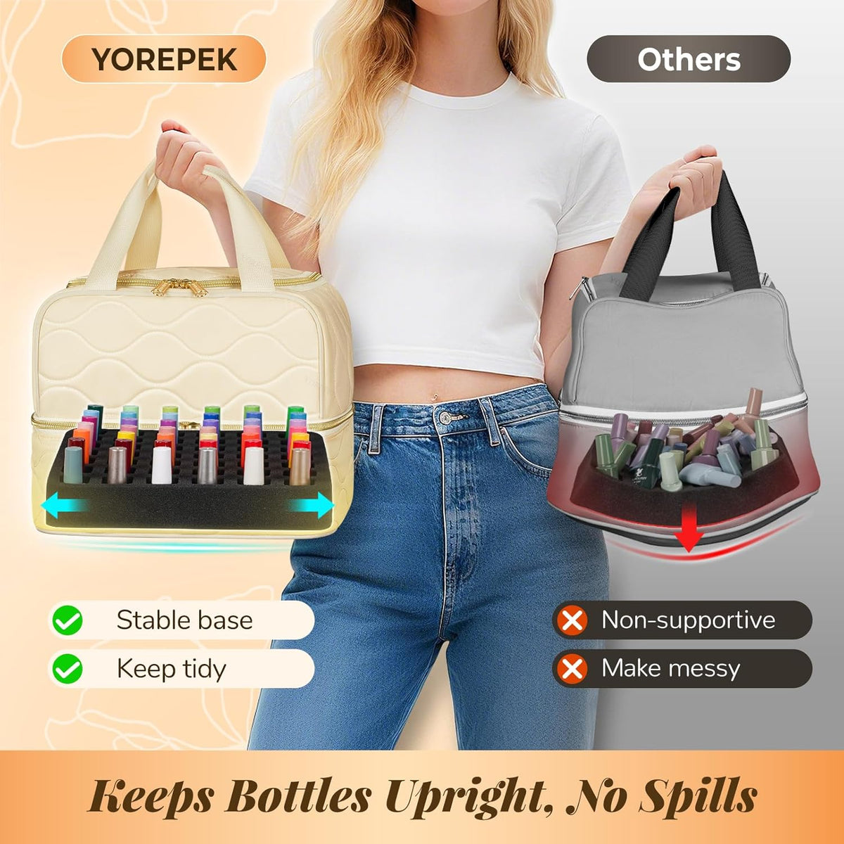 Nail Polish Organizer Case Holds 56+ Bottles (15ml/0.5 fl.oz), 2-Layer Nail Bag Organizer Case for UV Lamp, Nail Supplies and Manicure Tools, Nail Gifts for Manicurist Black