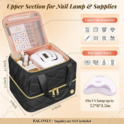 Nail Polish Organizer Case Holds 56+ Bottles (15ml/0.5 fl.oz), 2-Layer Nail Bag Organizer Case for UV Lamp, Nail Supplies and Manicure Tools, Nail Gifts for Manicurist Black
