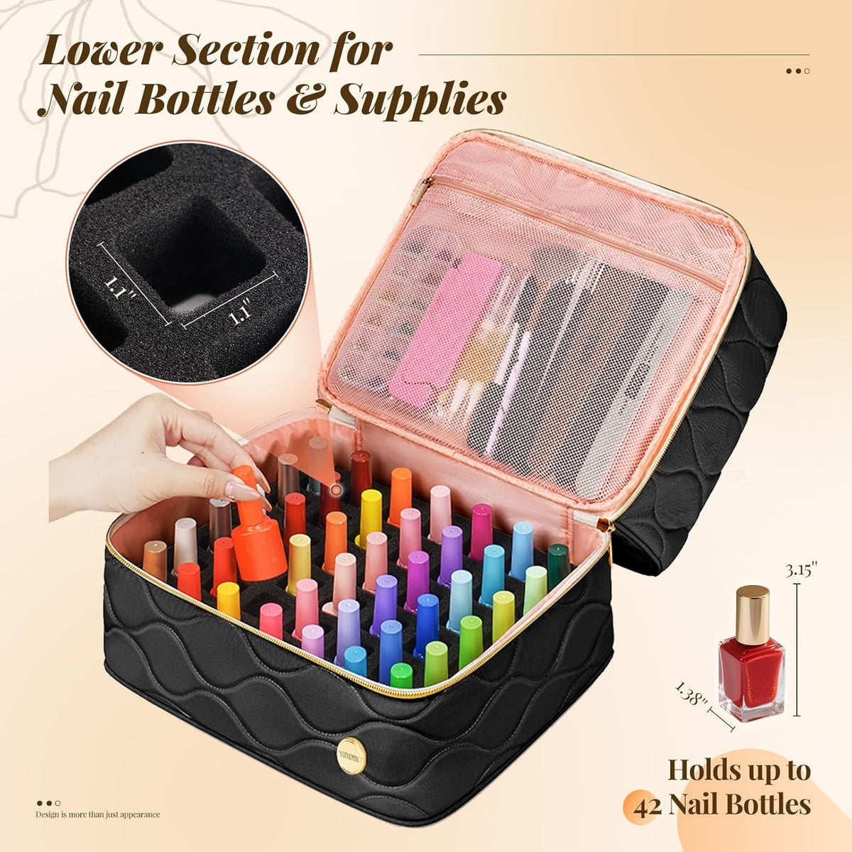 Nail Polish Organizer Case Holds 56+ Bottles (15ml/0.5 fl.oz), 2-Layer Nail Bag Organizer Case for UV Lamp, Nail Supplies and Manicure Tools, Nail Gifts for Manicurist Black