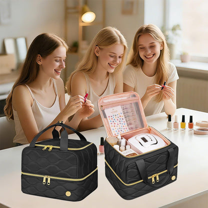 Nail Polish Organizer Case Holds 56+ Bottles (15ml/0.5 fl.oz), 2-Layer Nail Bag Organizer Case for UV Lamp, Nail Supplies and Manicure Tools, Nail Gifts for Manicurist Black