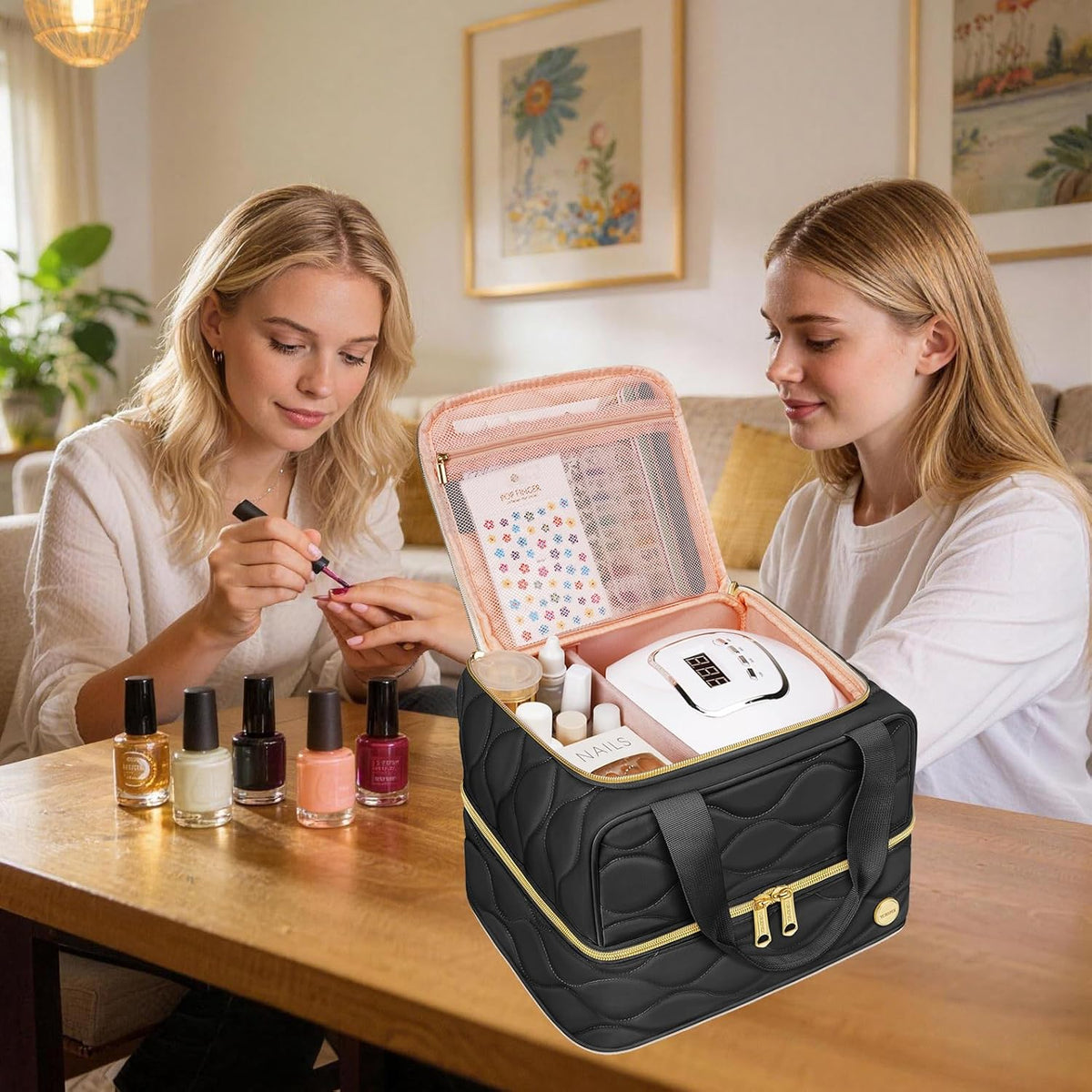 Nail Polish Organizer Case Holds 56+ Bottles (15ml/0.5 fl.oz), 2-Layer Nail Bag Organizer Case for UV Lamp, Nail Supplies and Manicure Tools, Nail Gifts for Manicurist Black