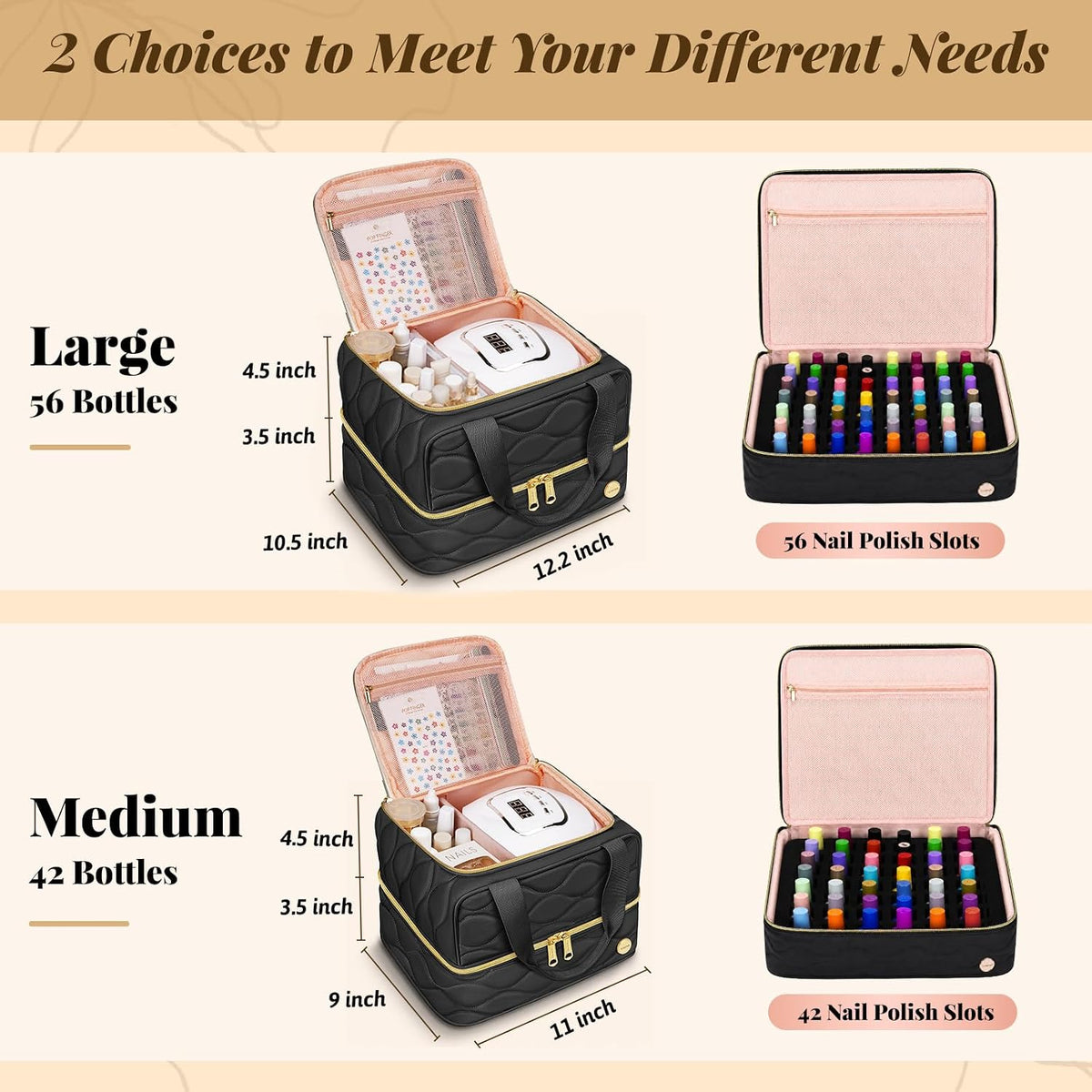 Nail Polish Organizer Case Holds 56+ Bottles (15ml/0.5 fl.oz), 2-Layer Nail Bag Organizer Case for UV Lamp, Nail Supplies and Manicure Tools, Nail Gifts for Manicurist Black