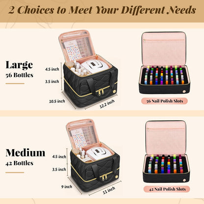 Nail Polish Organizer Case Holds 56+ Bottles (15ml/0.5 fl.oz), 2-Layer Nail Bag Organizer Case for UV Lamp, Nail Supplies and Manicure Tools, Nail Gifts for Manicurist Black