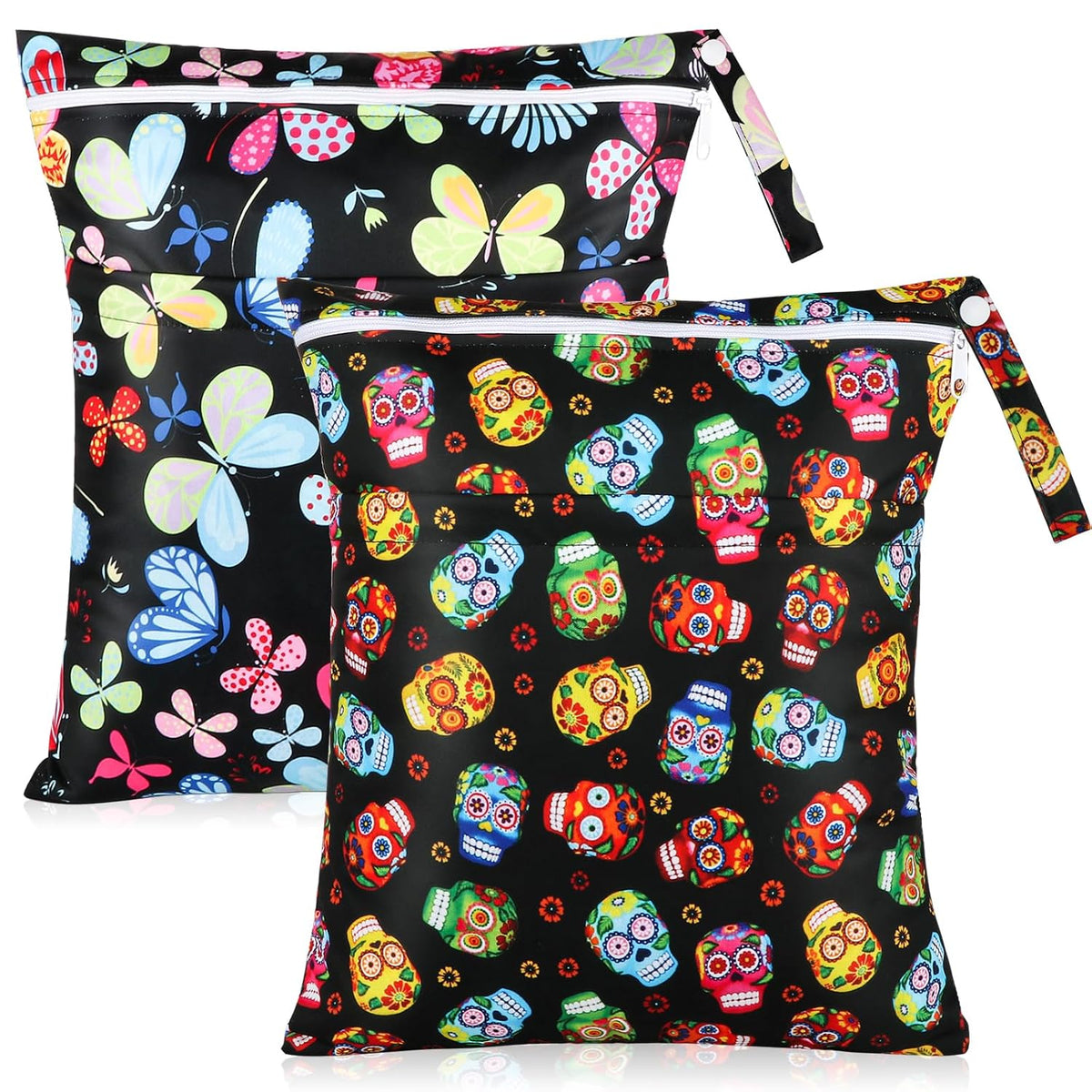Baby Cloth Diaper Wet/Dry Bags, 2 Pack With Two Zippered Pockets, Waterproof Washable Reusable for Travel, Beach, Pool, Gym, Swimsuits or Wet Clothes, L0113