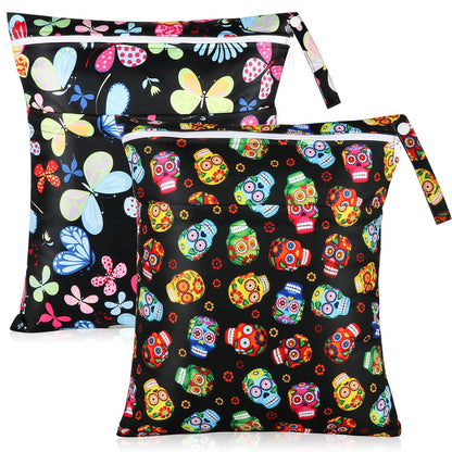 Baby Cloth Diaper Wet/Dry Bags, 2 Pack With Two Zippered Pockets, Waterproof Washable Reusable for Travel, Beach, Pool, Gym, Swimsuits or Wet Clothes, L0113