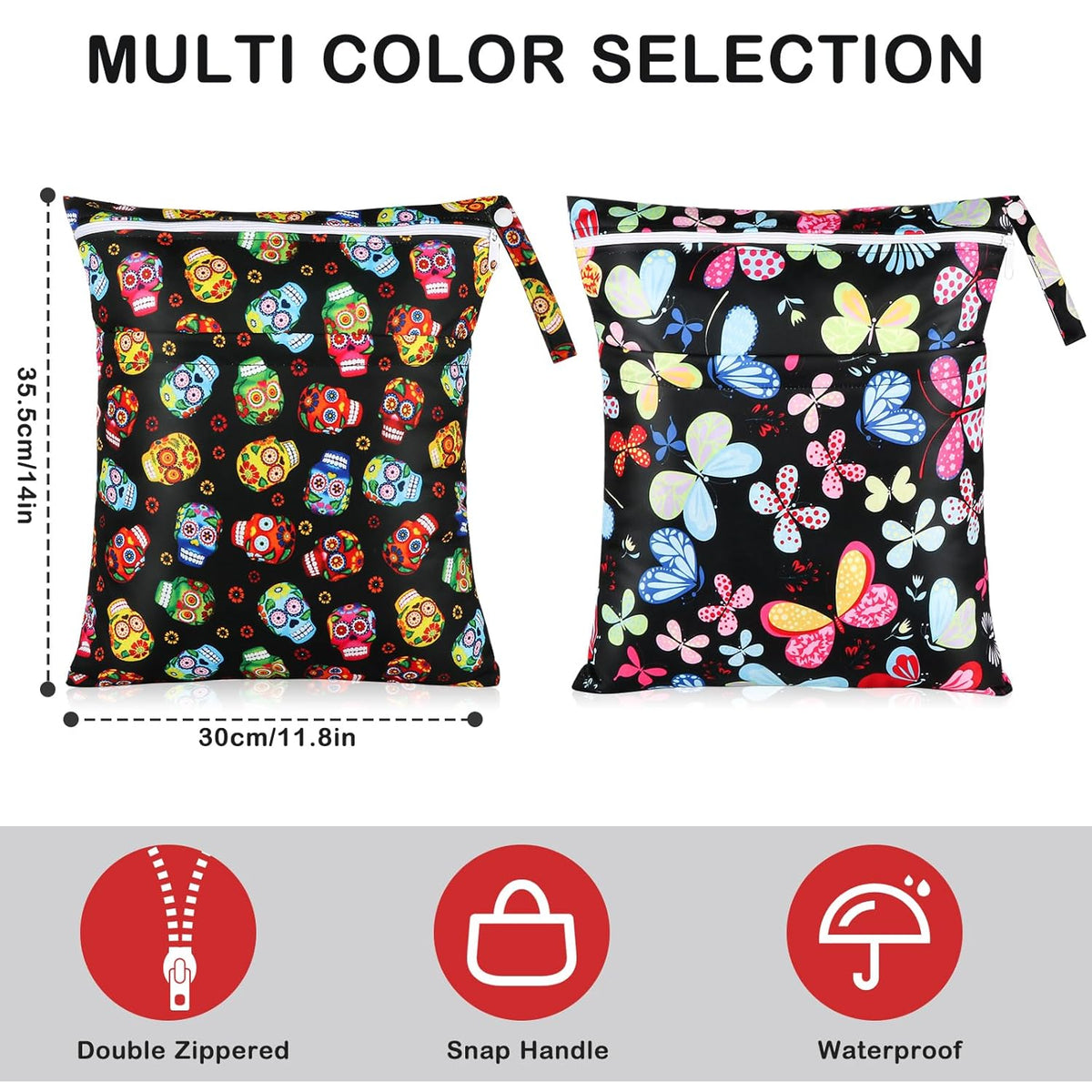 Baby Cloth Diaper Wet/Dry Bags, 2 Pack With Two Zippered Pockets, Waterproof Washable Reusable for Travel, Beach, Pool, Gym, Swimsuits or Wet Clothes, L0113