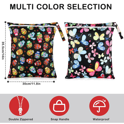 Baby Cloth Diaper Wet/Dry Bags, 2 Pack With Two Zippered Pockets, Waterproof Washable Reusable for Travel, Beach, Pool, Gym, Swimsuits or Wet Clothes, L0113