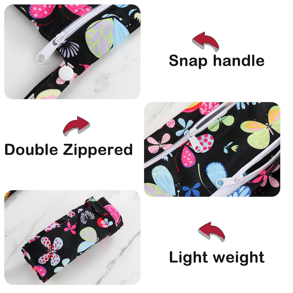Baby Cloth Diaper Wet/Dry Bags, 2 Pack With Two Zippered Pockets, Waterproof Washable Reusable for Travel, Beach, Pool, Gym, Swimsuits or Wet Clothes, L0113