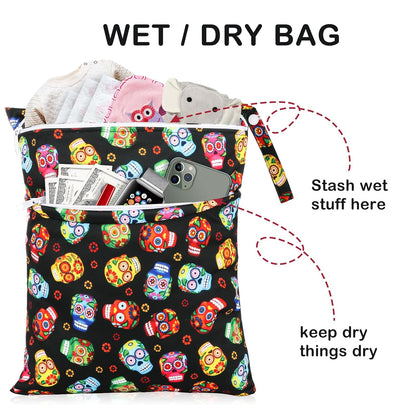 Baby Cloth Diaper Wet/Dry Bags, 2 Pack With Two Zippered Pockets, Waterproof Washable Reusable for Travel, Beach, Pool, Gym, Swimsuits or Wet Clothes, L0113