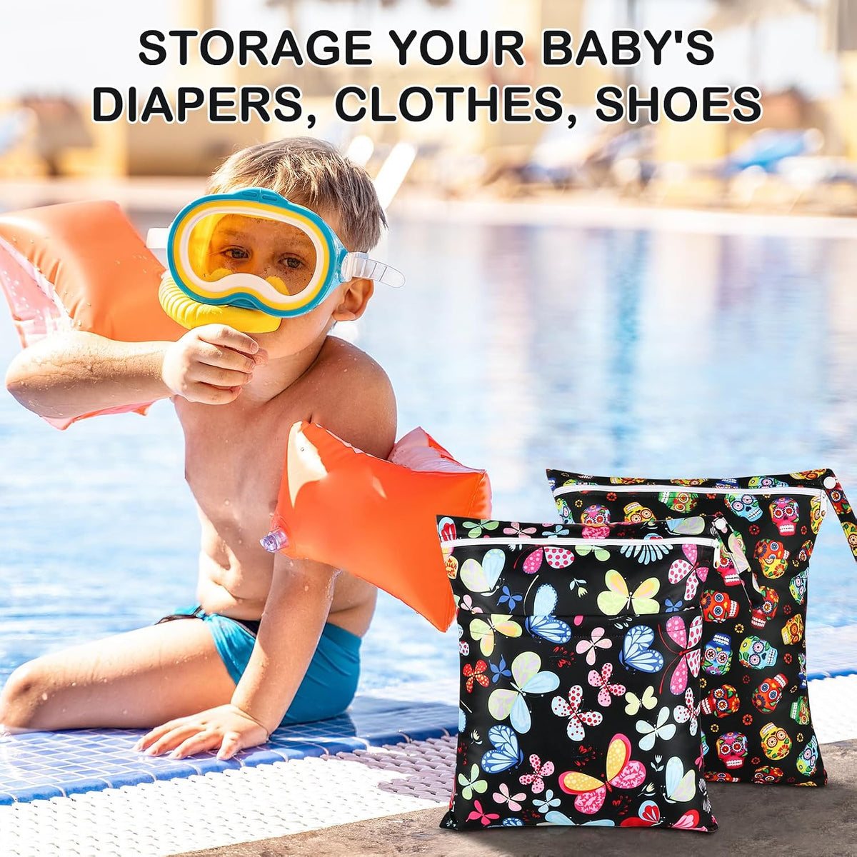 Baby Cloth Diaper Wet/Dry Bags, 2 Pack With Two Zippered Pockets, Waterproof Washable Reusable for Travel, Beach, Pool, Gym, Swimsuits or Wet Clothes, L0113