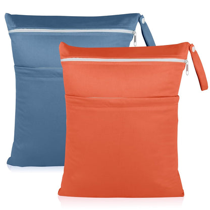 Baby Cloth Diaper Wet/Dry Bags, 2 Pack With Two Zippered Pockets, Waterproof Washable Reusable for Travel, Beach, Pool, Gym, Swimsuits or Wet Clothes, L0113