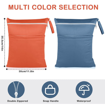 Baby Cloth Diaper Wet/Dry Bags, 2 Pack With Two Zippered Pockets, Waterproof Washable Reusable for Travel, Beach, Pool, Gym, Swimsuits or Wet Clothes, L0113