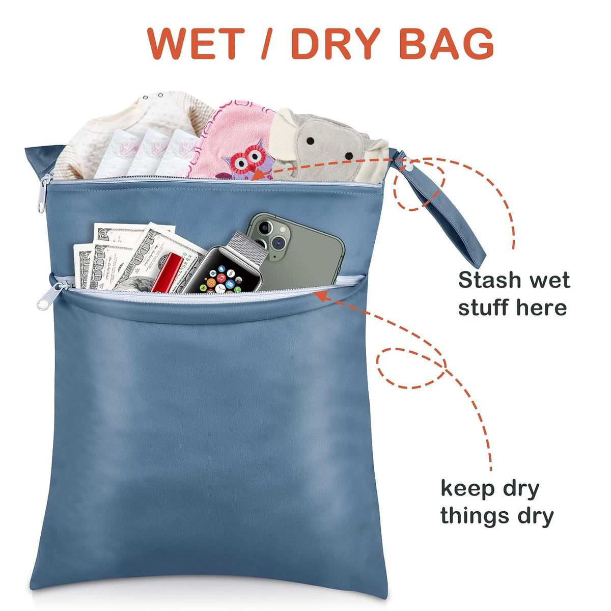 Baby Cloth Diaper Wet/Dry Bags, 2 Pack With Two Zippered Pockets, Waterproof Washable Reusable for Travel, Beach, Pool, Gym, Swimsuits or Wet Clothes, L0113