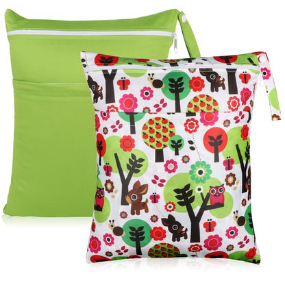 Baby Cloth Diaper Wet/Dry Bags, 2 Pack With Two Zippered Pockets, Waterproof Washable Reusable for Travel, Beach, Pool, Gym, Swimsuits or Wet Clothes, L0113
