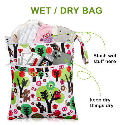 Baby Cloth Diaper Wet/Dry Bags, 2 Pack With Two Zippered Pockets, Waterproof Washable Reusable for Travel, Beach, Pool, Gym, Swimsuits or Wet Clothes, L0113