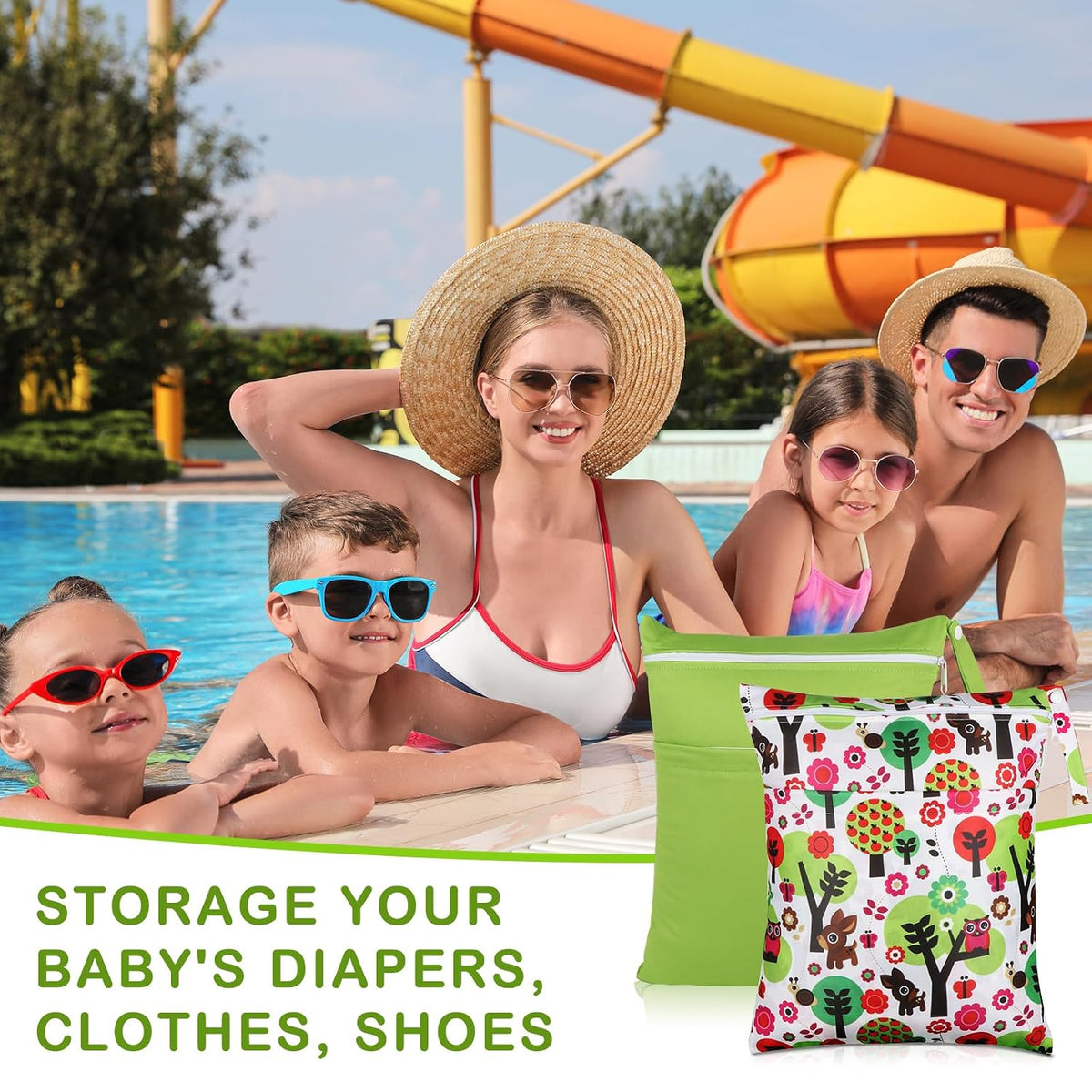 Baby Cloth Diaper Wet/Dry Bags, 2 Pack With Two Zippered Pockets, Waterproof Washable Reusable for Travel, Beach, Pool, Gym, Swimsuits or Wet Clothes, L0113