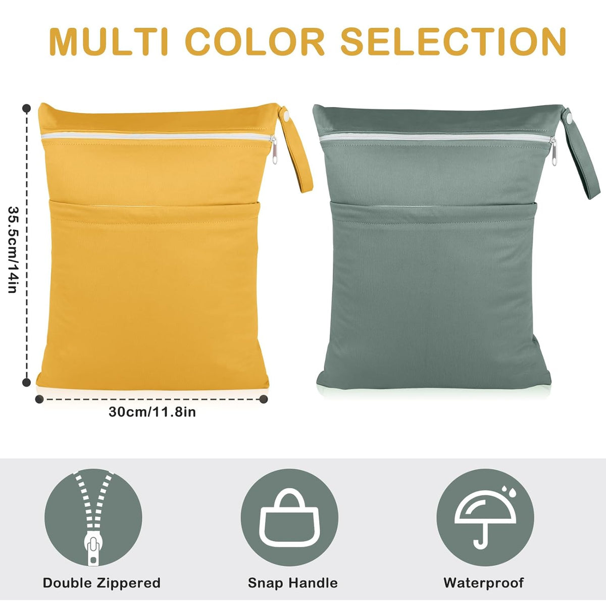Baby Cloth Diaper Wet/Dry Bags, 2 Pack With Two Zippered Pockets, Waterproof Washable Reusable for Travel, Beach, Pool, Gym, Swimsuits or Wet Clothes, L0113