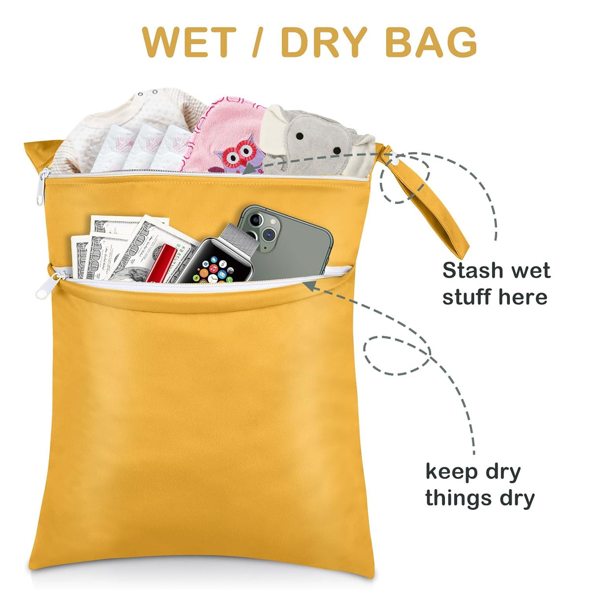 Baby Cloth Diaper Wet/Dry Bags, 2 Pack With Two Zippered Pockets, Waterproof Washable Reusable for Travel, Beach, Pool, Gym, Swimsuits or Wet Clothes, L0113