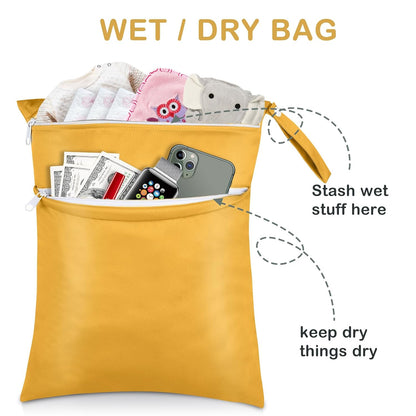 Baby Cloth Diaper Wet/Dry Bags, 2 Pack With Two Zippered Pockets, Waterproof Washable Reusable for Travel, Beach, Pool, Gym, Swimsuits or Wet Clothes, L0113