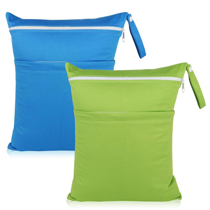 Baby Cloth Diaper Wet/Dry Bags, 2 Pack With Two Zippered Pockets, Waterproof Washable Reusable for Travel, Beach, Pool, Gym, Swimsuits or Wet Clothes, L0113