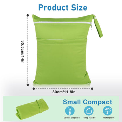 Baby Cloth Diaper Wet/Dry Bags, 2 Pack With Two Zippered Pockets, Waterproof Washable Reusable for Travel, Beach, Pool, Gym, Swimsuits or Wet Clothes, L0113