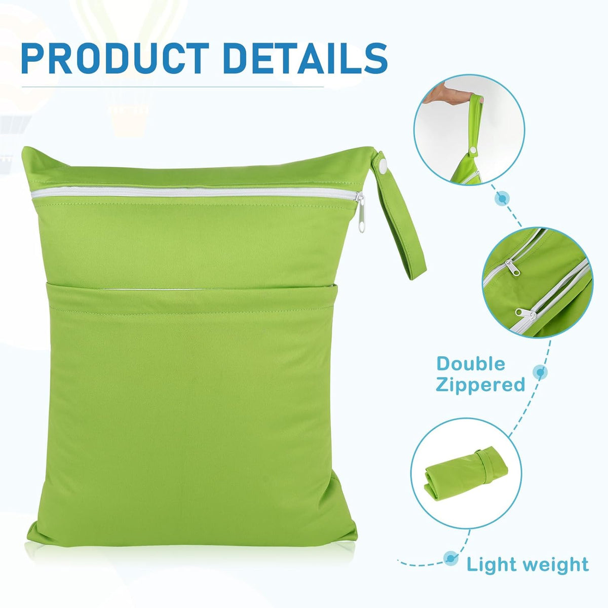 Baby Cloth Diaper Wet/Dry Bags, 2 Pack With Two Zippered Pockets, Waterproof Washable Reusable for Travel, Beach, Pool, Gym, Swimsuits or Wet Clothes, L0113