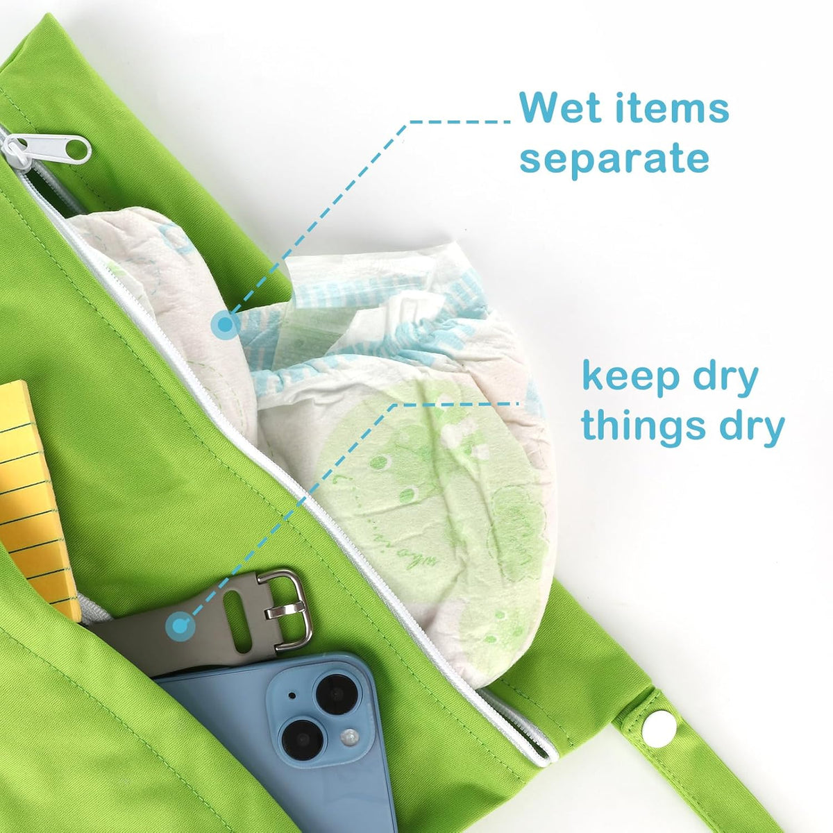 Baby Cloth Diaper Wet/Dry Bags, 2 Pack With Two Zippered Pockets, Waterproof Washable Reusable for Travel, Beach, Pool, Gym, Swimsuits or Wet Clothes, L0113