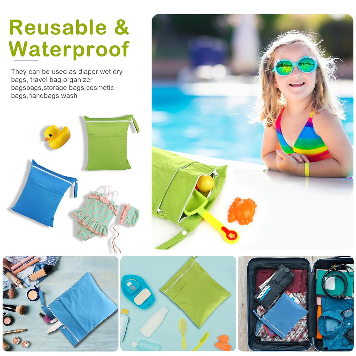 Baby Cloth Diaper Wet/Dry Bags, 2 Pack With Two Zippered Pockets, Waterproof Washable Reusable for Travel, Beach, Pool, Gym, Swimsuits or Wet Clothes, L0113