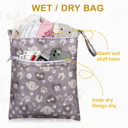 Baby Cloth Diaper Wet/Dry Bags, 2 Pack With Two Zippered Pockets, Waterproof Washable Reusable for Travel, Beach, Pool, Gym, Swimsuits or Wet Clothes, L0113