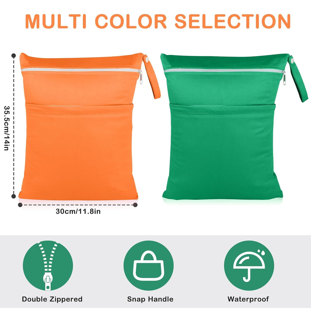 Baby Cloth Diaper Wet/Dry Bags, 2 Pack With Two Zippered Pockets, Waterproof Washable Reusable for Travel, Beach, Pool, Gym, Swimsuits or Wet Clothes, L0113