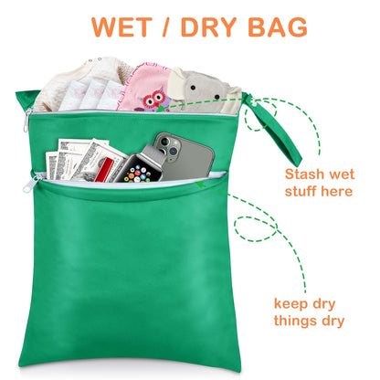 Baby Cloth Diaper Wet/Dry Bags, 2 Pack With Two Zippered Pockets, Waterproof Washable Reusable for Travel, Beach, Pool, Gym, Swimsuits or Wet Clothes, L0113