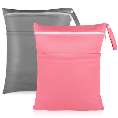 Baby Cloth Diaper Wet/Dry Bags, 2 Pack With Two Zippered Pockets, Waterproof Washable Reusable for Travel, Beach, Pool, Gym, Swimsuits or Wet Clothes, L0113
