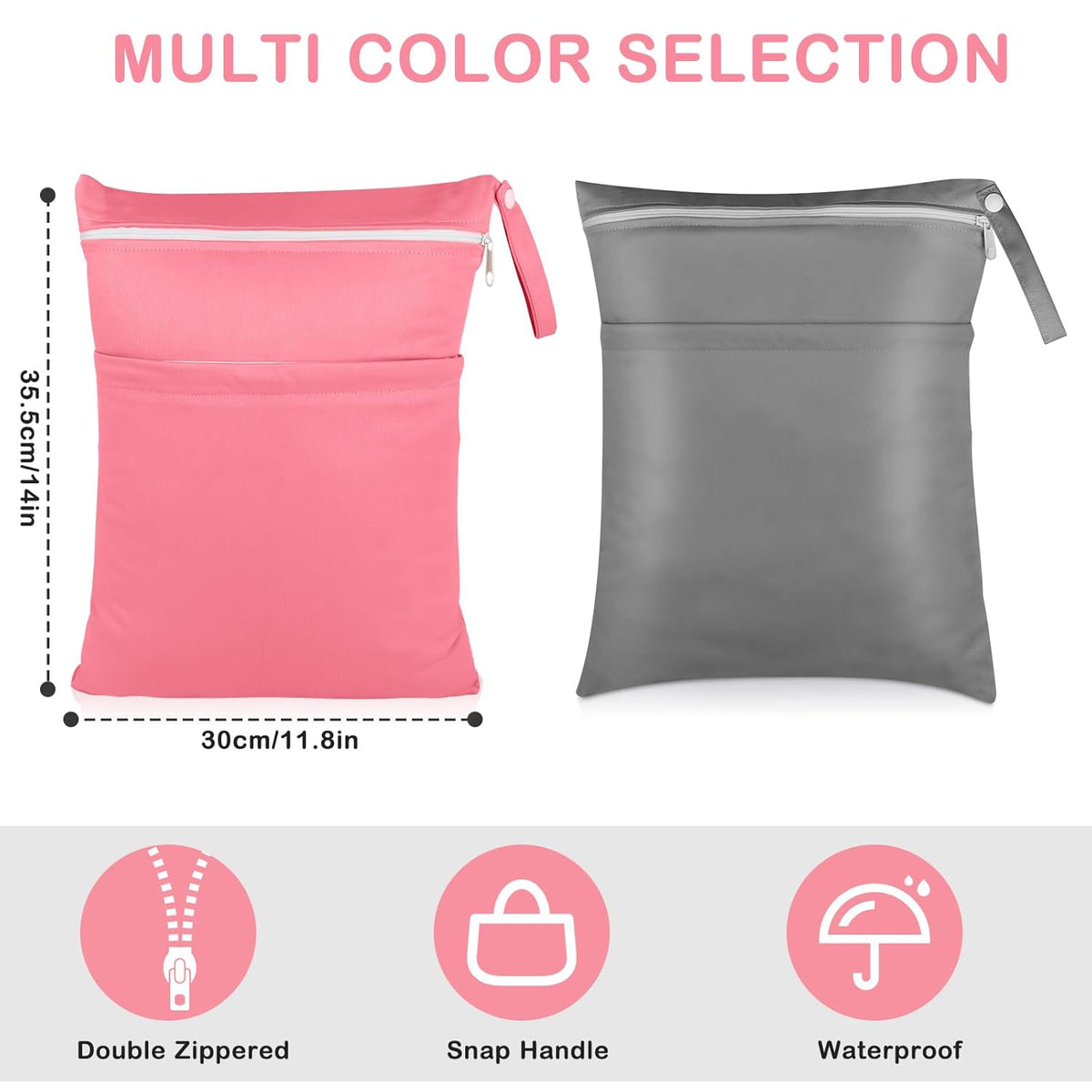 Baby Cloth Diaper Wet/Dry Bags, 2 Pack With Two Zippered Pockets, Waterproof Washable Reusable for Travel, Beach, Pool, Gym, Swimsuits or Wet Clothes, L0113