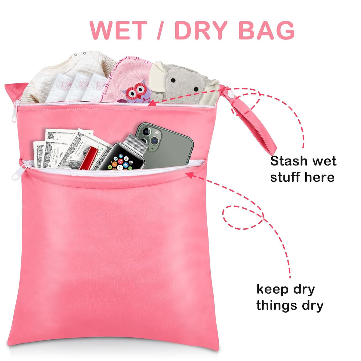 Baby Cloth Diaper Wet/Dry Bags, 2 Pack With Two Zippered Pockets, Waterproof Washable Reusable for Travel, Beach, Pool, Gym, Swimsuits or Wet Clothes, L0113