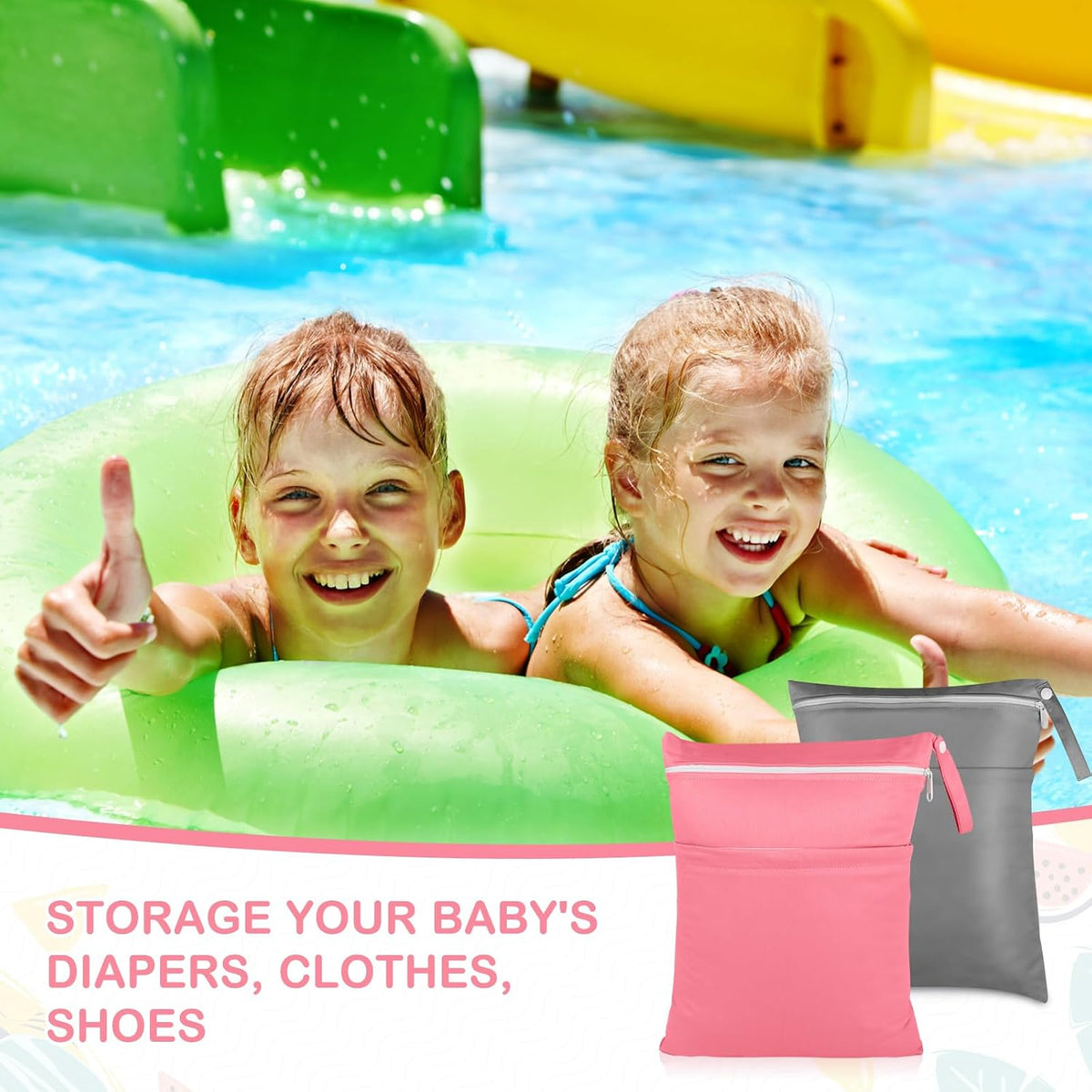 Baby Cloth Diaper Wet/Dry Bags, 2 Pack With Two Zippered Pockets, Waterproof Washable Reusable for Travel, Beach, Pool, Gym, Swimsuits or Wet Clothes, L0113